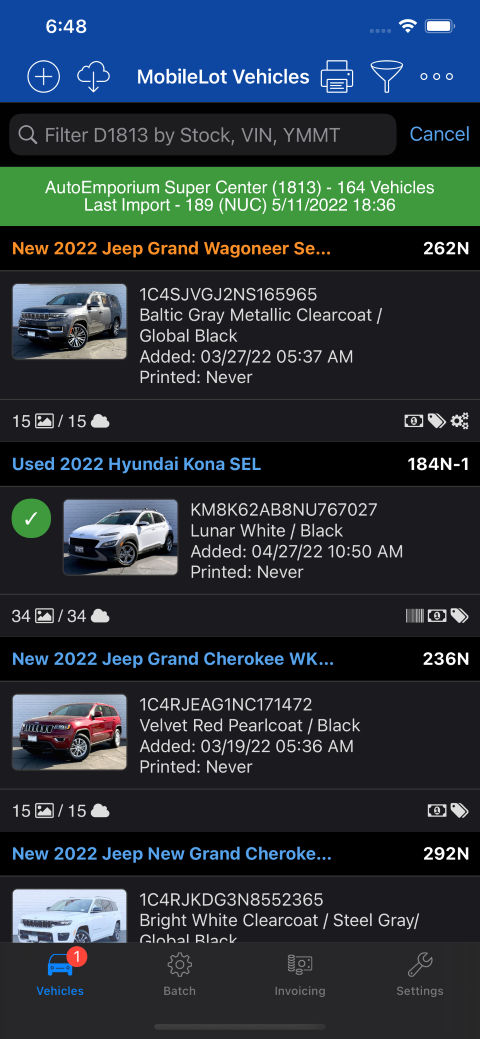 Dealer Main Menu List of Vehicles on Lot
